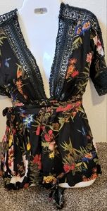 Luxxel Floral Romper, Open Front & Back, Black, Embroidered, wrap skirt, Size S